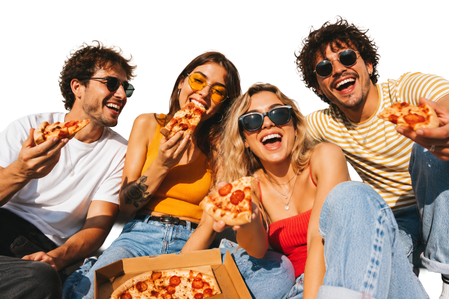 Amigos comemorando com pizza na Nonna Gina